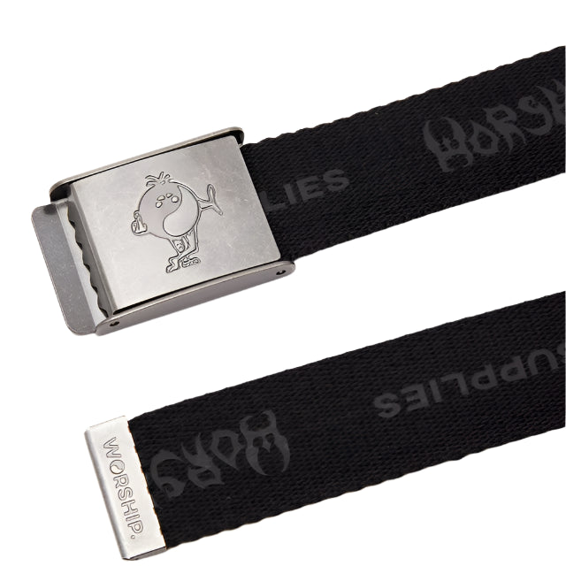 Black belt with a silver buckle on a white background