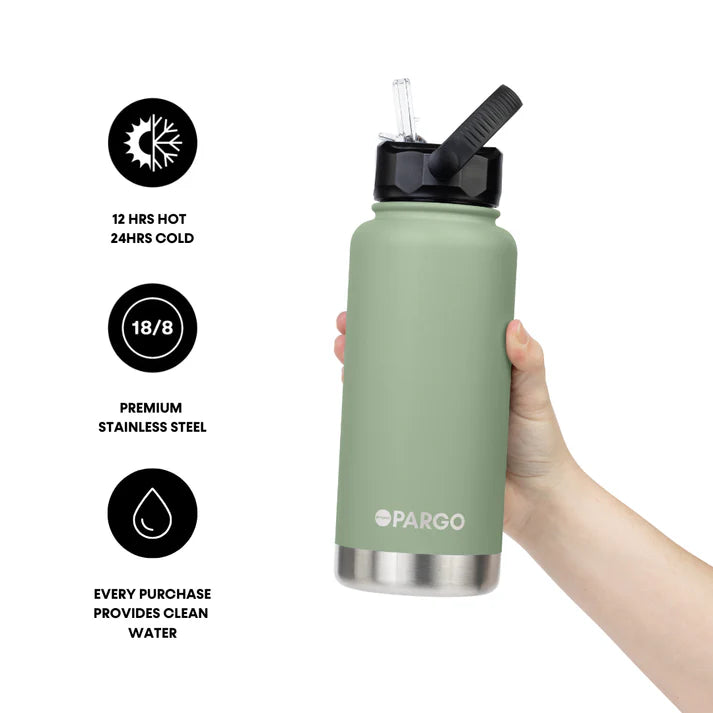 PARGO 950ml Insulated Sports Drink Bottle w/ Straw Lid - Eucalypt Green