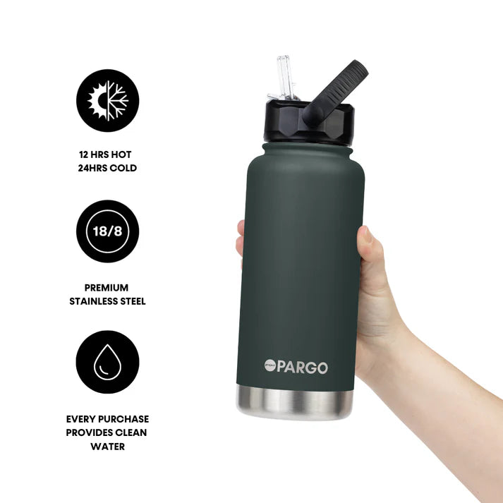 PARGO 950ml Insulated Sports Drink Bottle w/ Straw Lid - BBQ Charcoal