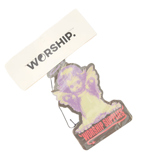 Pin with a design of a woman and text 'Worship Supplies' on a white background
