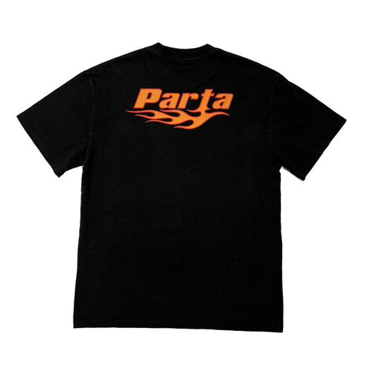 Black t-shirt with orange 'Parta' logo on a light gray background