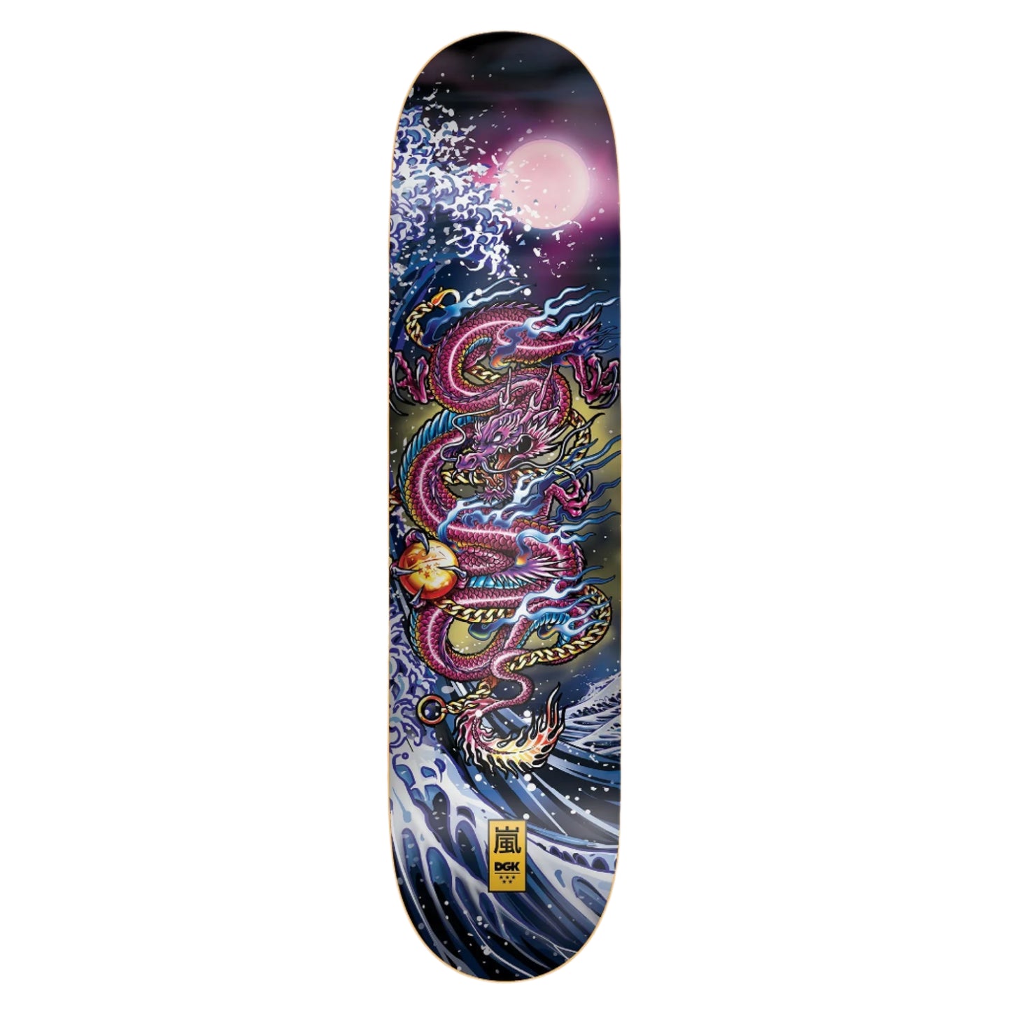 Skateboard deck with a colorful dragon design on a white background