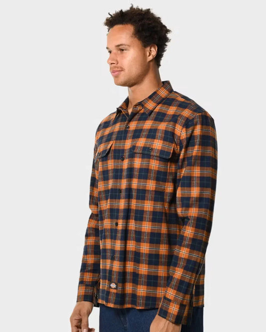 DICKIES Houston Plaid Regular Fit Mens L/S Flannelette Shirt - Brown Plaid