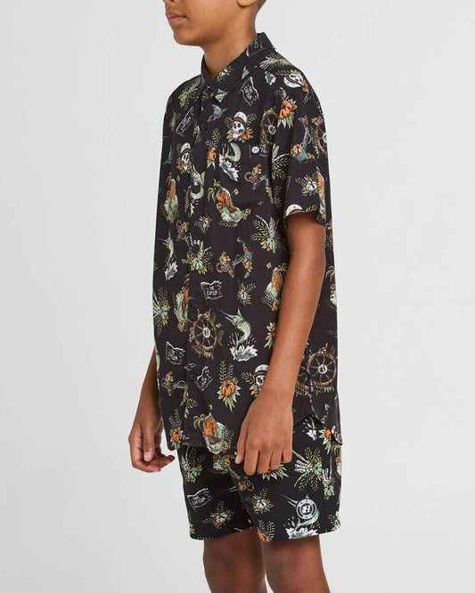 THE MAD HUEYS Shipwrecked Captain Woven Youth S/S Shirt - Black