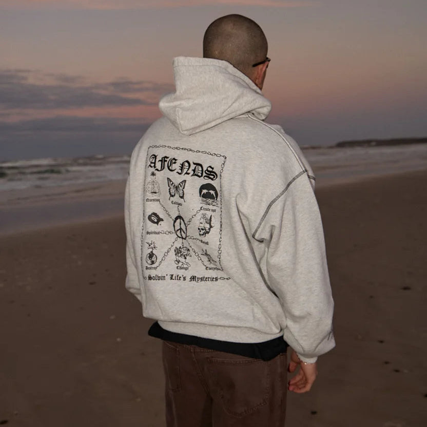 AFENDS Spiritual Recycled Distressed Boxy Fit Hoodie - Grey Marle