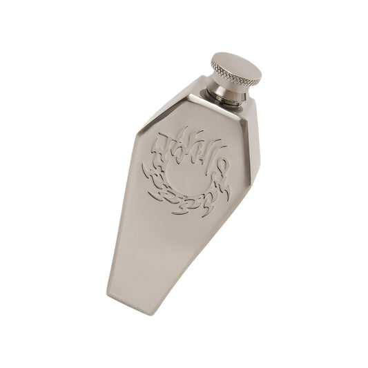 Metallic flask with a logo on a white background