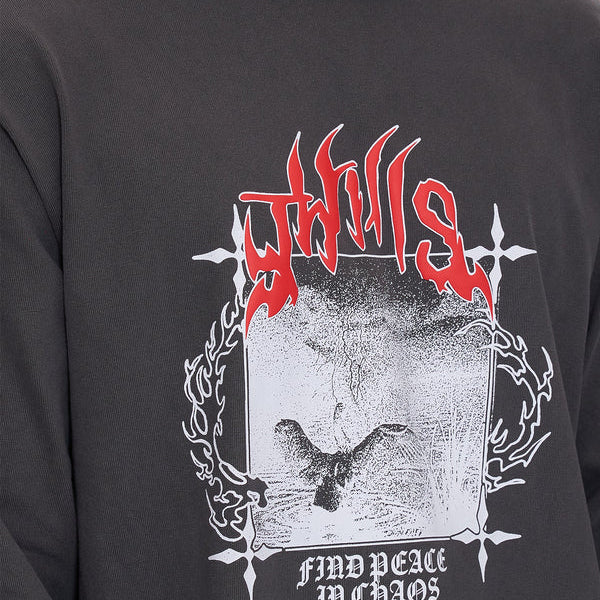 Black sweatshirt with red and white graphic design on a gray background