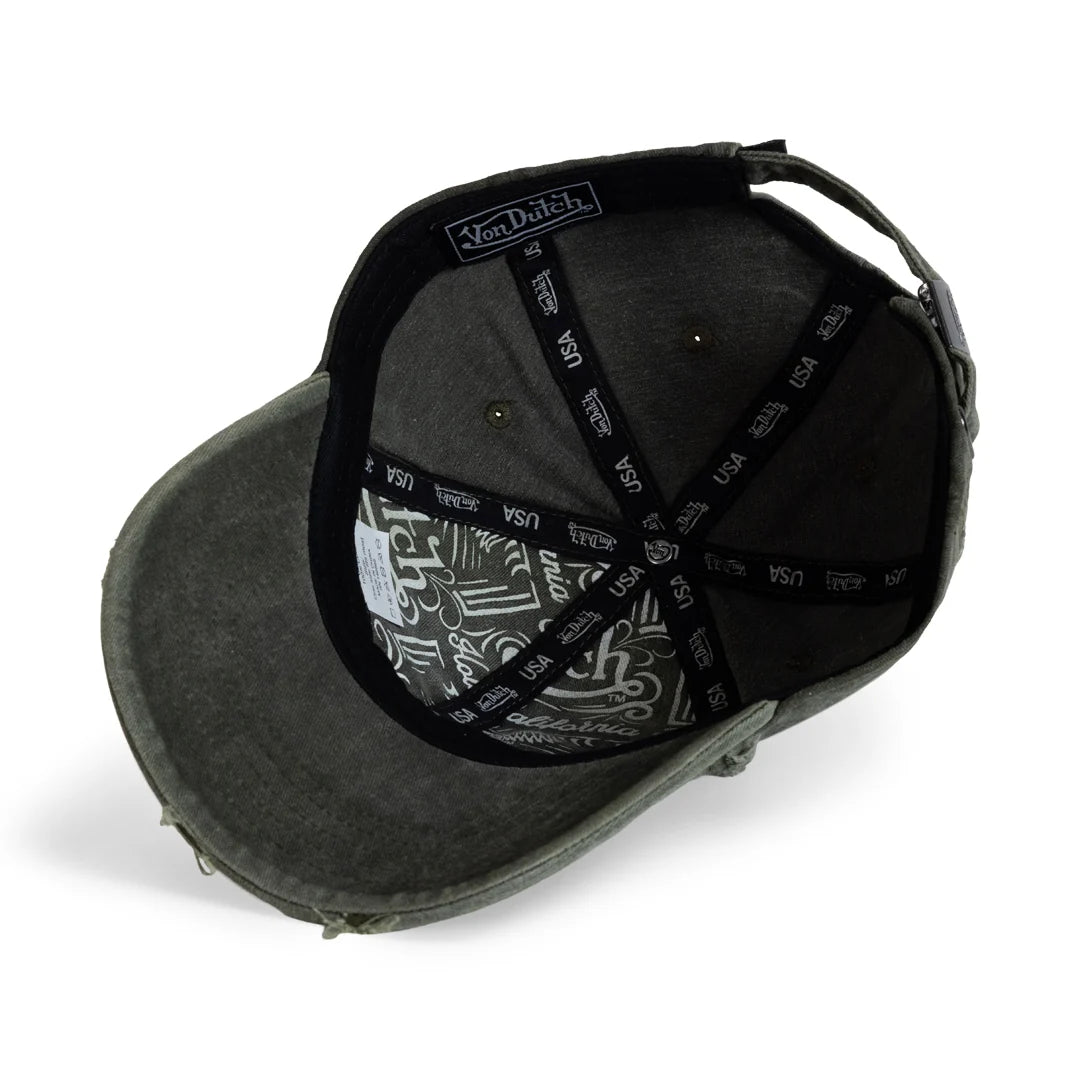VON DUTCH Distressed Patch Logo Worn Out Strapback Dad Cap - Moss