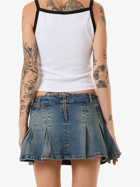 WORSHIP Fast Lane Womens Pleated Denim Mini Skirt - Dirty Mid Blue