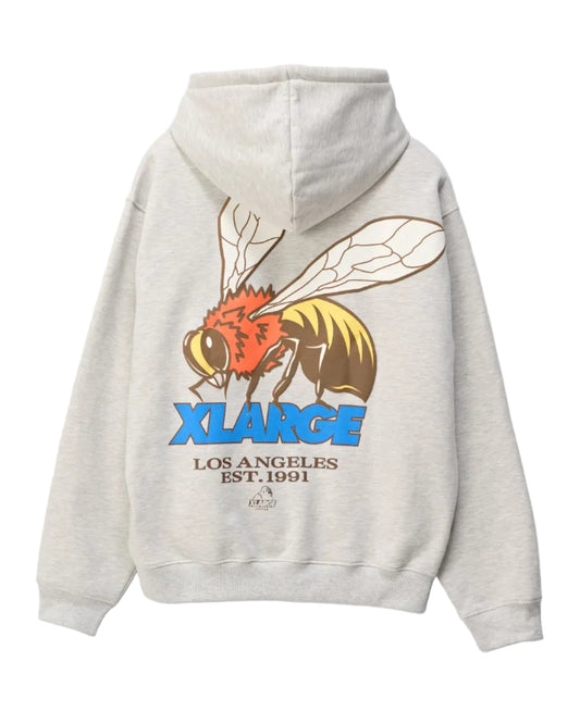 A light heather gray hoodie shown from the back, featuring a large graphic print of a yellow and orange bee with the text 'XLARGE LOS ANGELES EST. 1991' in blue and brown.