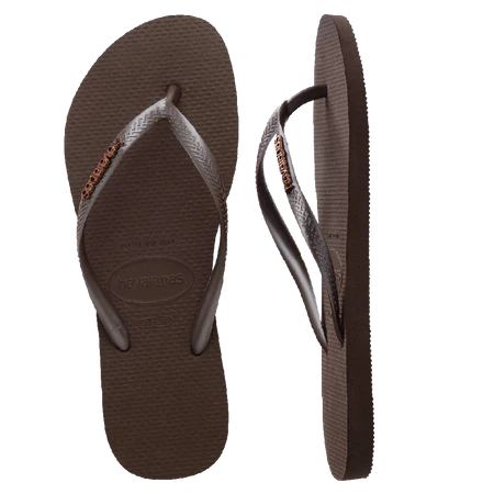 HAVAIANAS Slim Metal Logo Dark Brown Thong - Brown