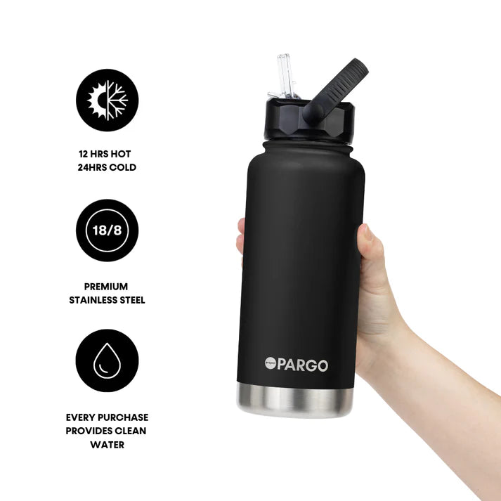 PARGO 950ml Insulated Sports Drink Bottle w/ Straw Lid - Midnight Black