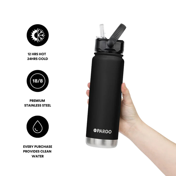PARGO 750ml Insulated Sports Drink Bottle w/ Straw Lid - Midnight Black