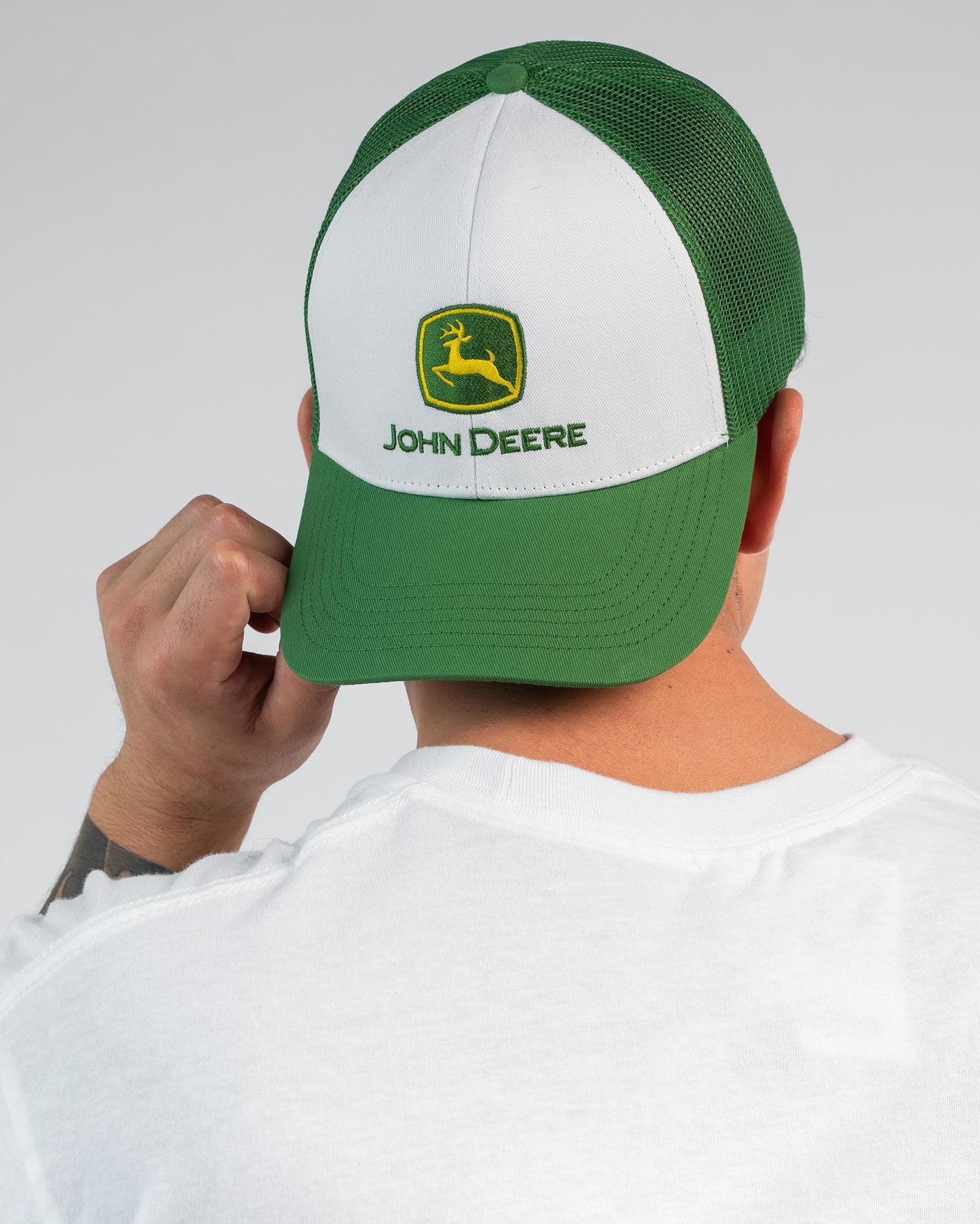 JOHN DEERE Logo 6 Panel Snapback Trucker Cap - White/Green