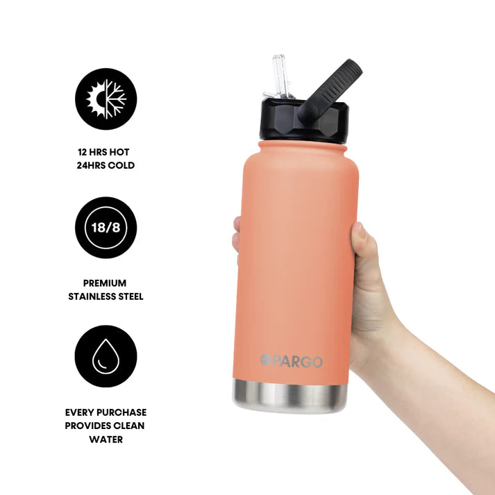 PARGO 950ml Insulated Sports Drink Bottle w/ Straw Lid - Coral Pink