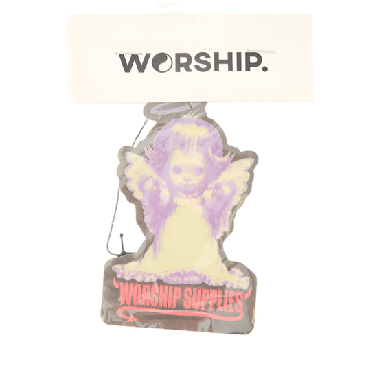 Decorative item shaped like a cherub with 'WORSHIP' branding on a white background