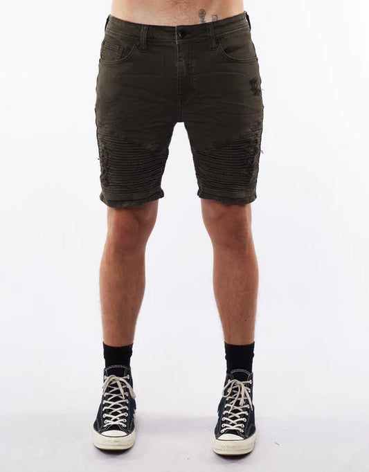 SILENT THEORY Strung Out Moto Mens Denim Shorts - Trashed Khaki