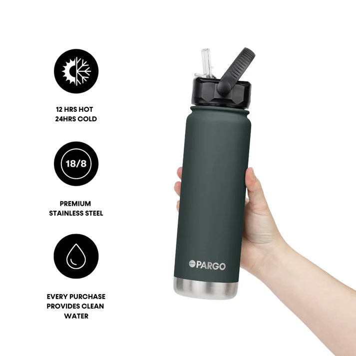PARGO 750ml Insulated Sports Drink Bottle w/ Straw Lid - BBQ Charcoal