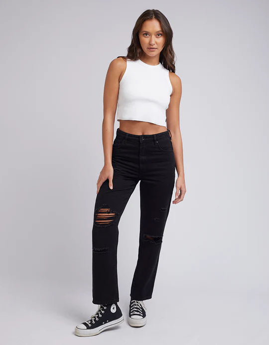 SILENT THEORY Cali Straight Leg Womens Jeans - Destroyed Black