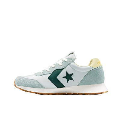 Sneaker with green and white design on a white background