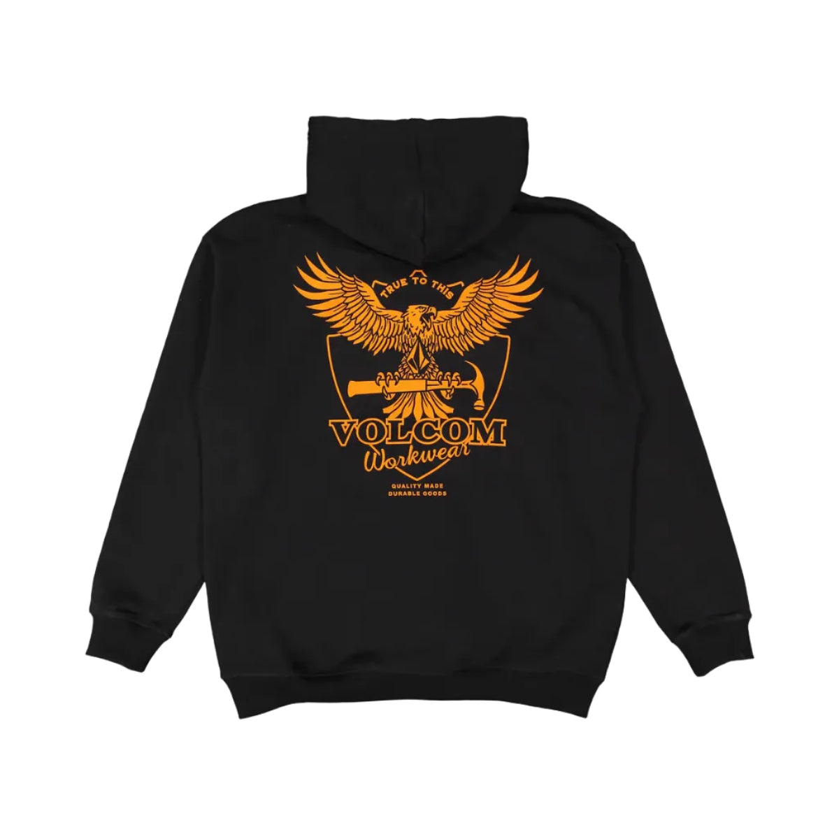 Black hoodie with orange eagle graphic and 'Volcom' branding on a white background