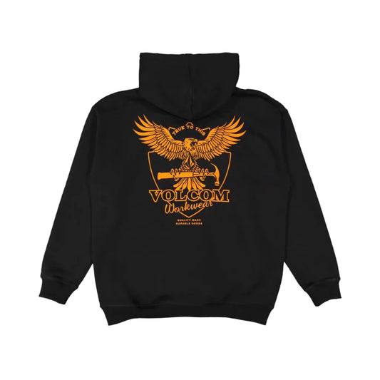 Black hoodie with orange eagle graphic and 'Volcom' branding on a white background