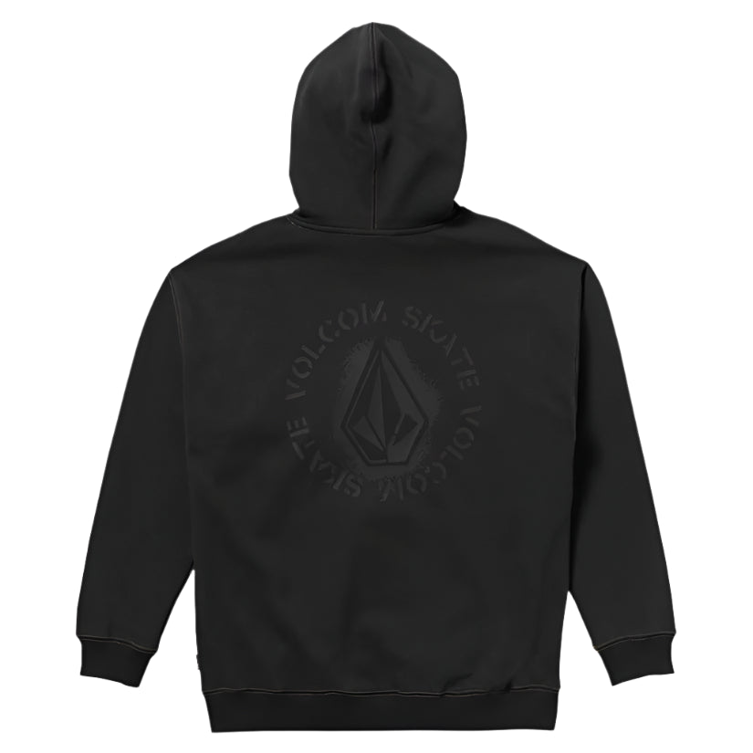 Black hoodie with a logo on the back against a white background
