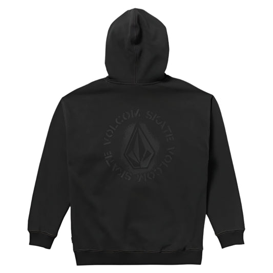 Black hoodie with a logo on the back against a white background