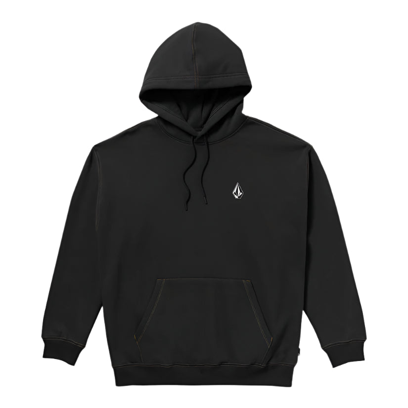 Black hoodie with a small logo on a white background