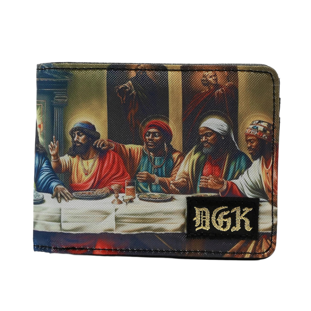 Wallet with artistic design of figures around a table, featuring the brand 'DGK'.