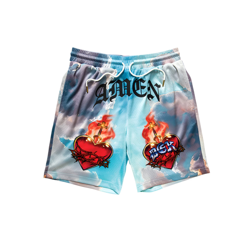 Tie-dye shorts with graphic designs and text on a white background