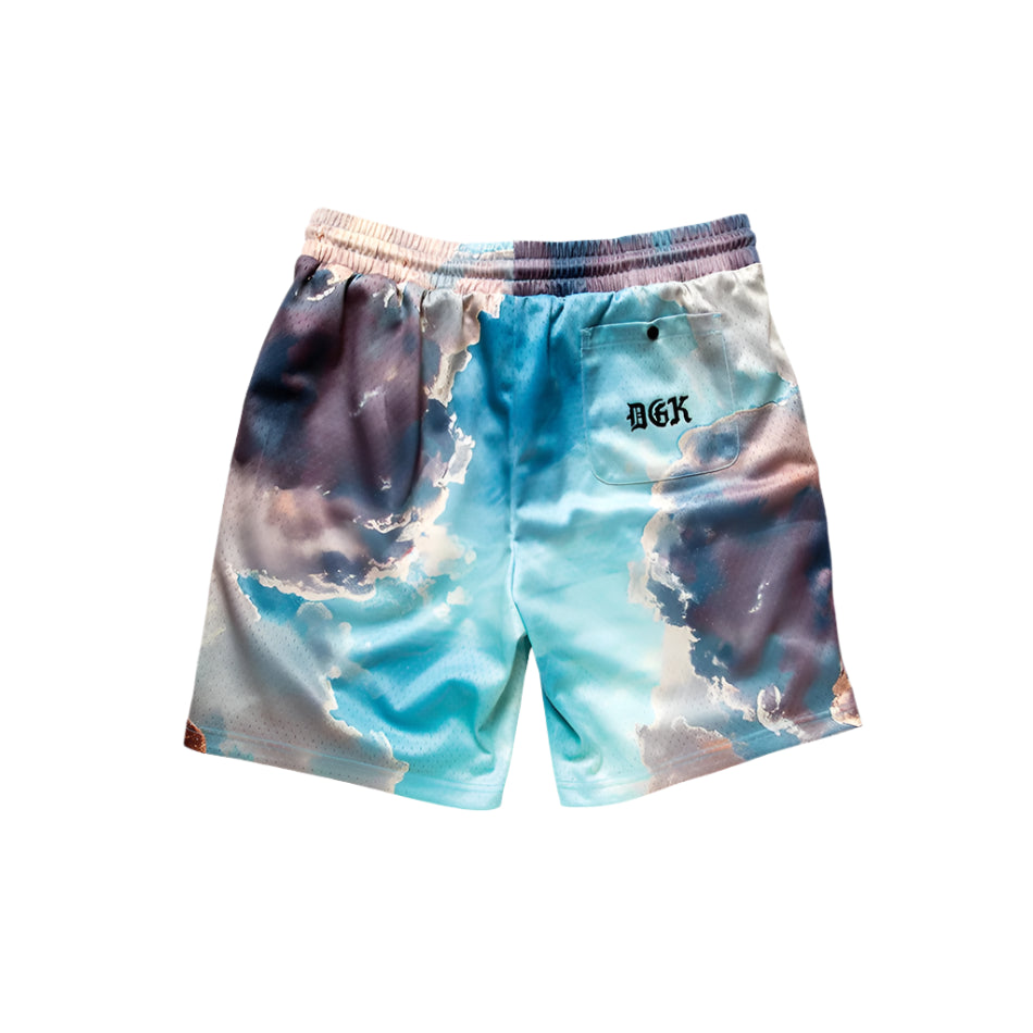 Tie-dye shorts with a brand logo on a light gray background