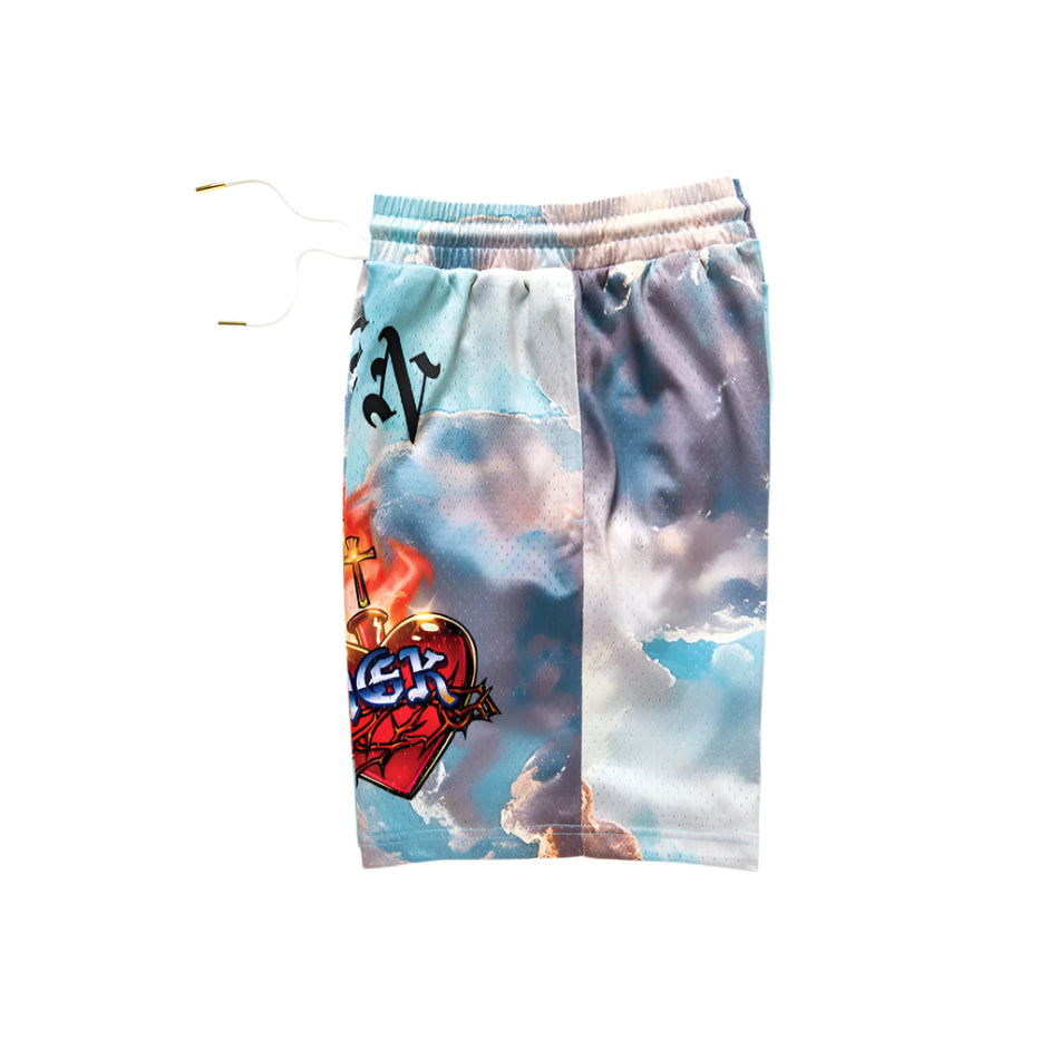 Drawstring bag with cloud and logo design on a white background