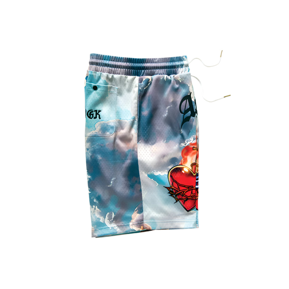 Colorful shorts with graphic designs on a white background