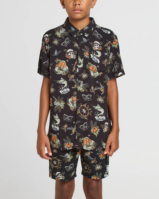 THE MAD HUEYS Shipwrecked Captain Woven Youth S/S Shirt - Black
