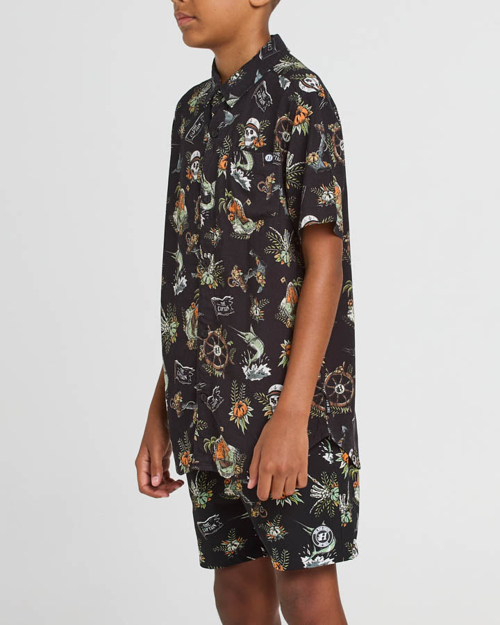 THE MAD HUEYS Shipwrecked Captain Woven Youth S/S Shirt - Black