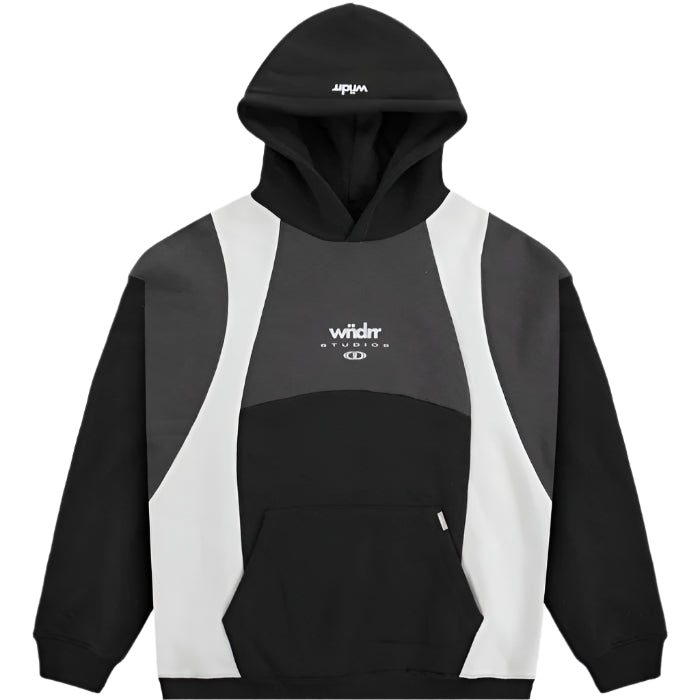Black and white hoodie with visible branding on a light gray background