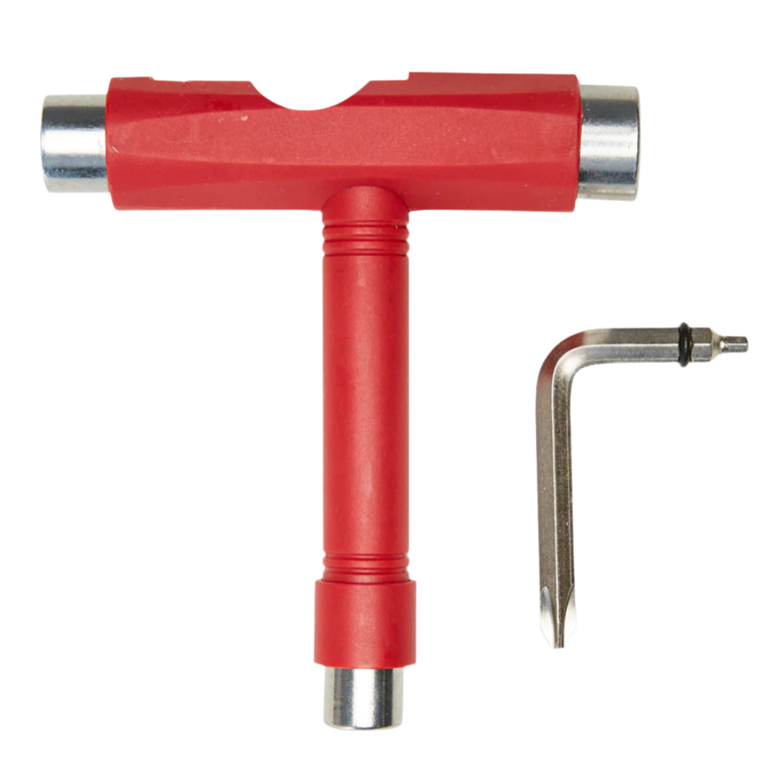 Red tool with a silver head on a white background