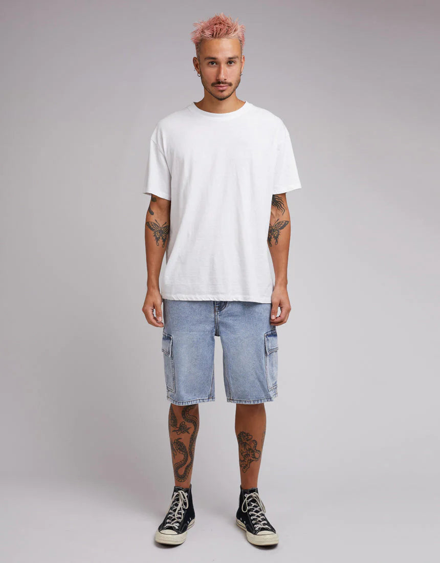 SILENT THEORY Cargo Denim Mens Shorts - Bleached Blue