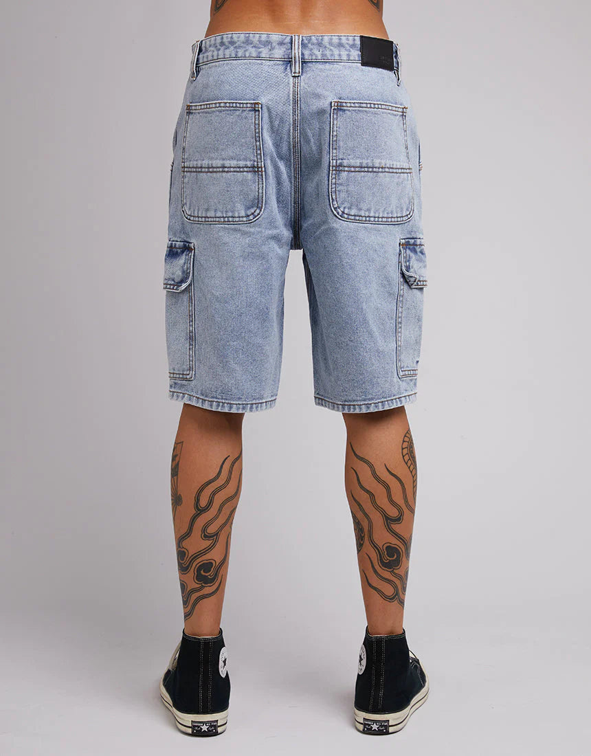 SILENT THEORY Cargo Denim Mens Shorts - Bleached Blue