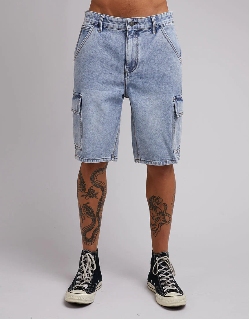 SILENT THEORY Cargo Denim Mens Shorts - Bleached Blue