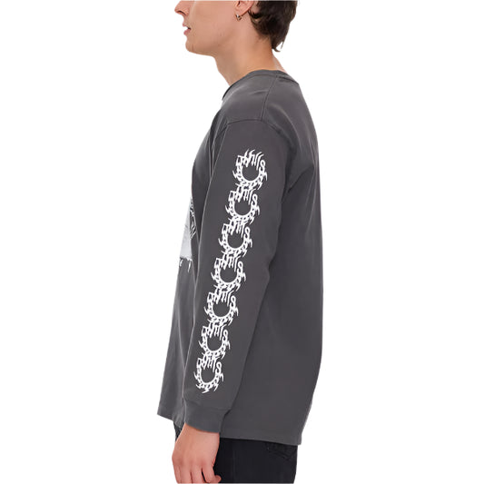 Person wearing a dark gray long-sleeve shirt with a white graphic design on the back, standing against a plain background.