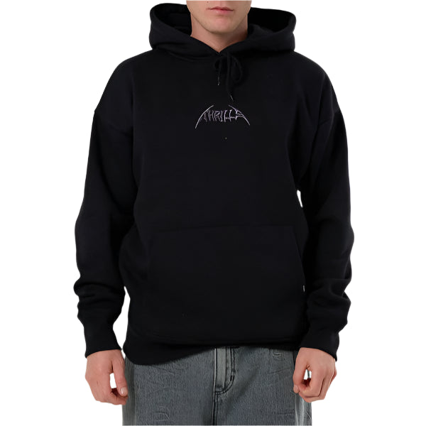Person wearing a black hoodie with a logo on a white background