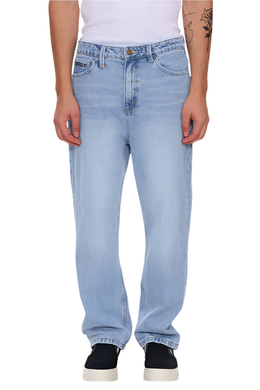 Light blue jeans worn by a person on a white background