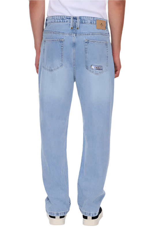 Light blue jeans worn by a person on a white background