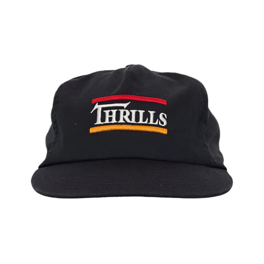 Black cap with 'Thrills' logo on a white background