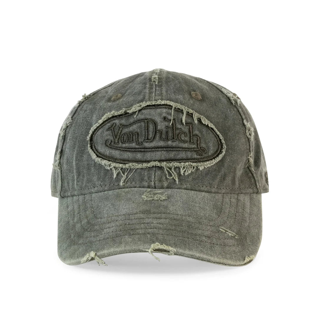 VON DUTCH Distressed Patch Logo Worn Out Strapback Dad Cap - Moss
