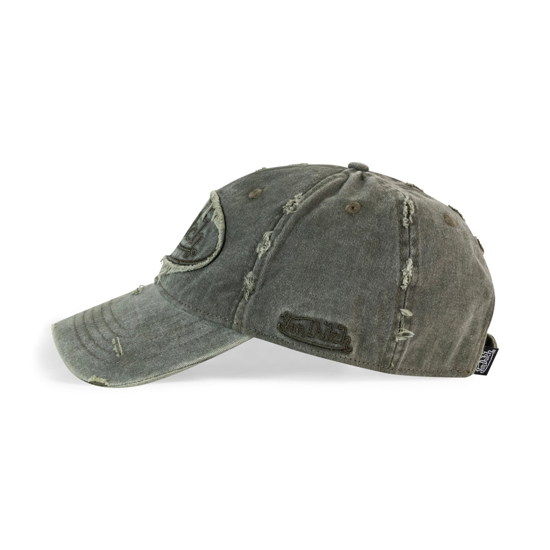 VON DUTCH Distressed Patch Logo Worn Out Strapback Dad Cap - Moss