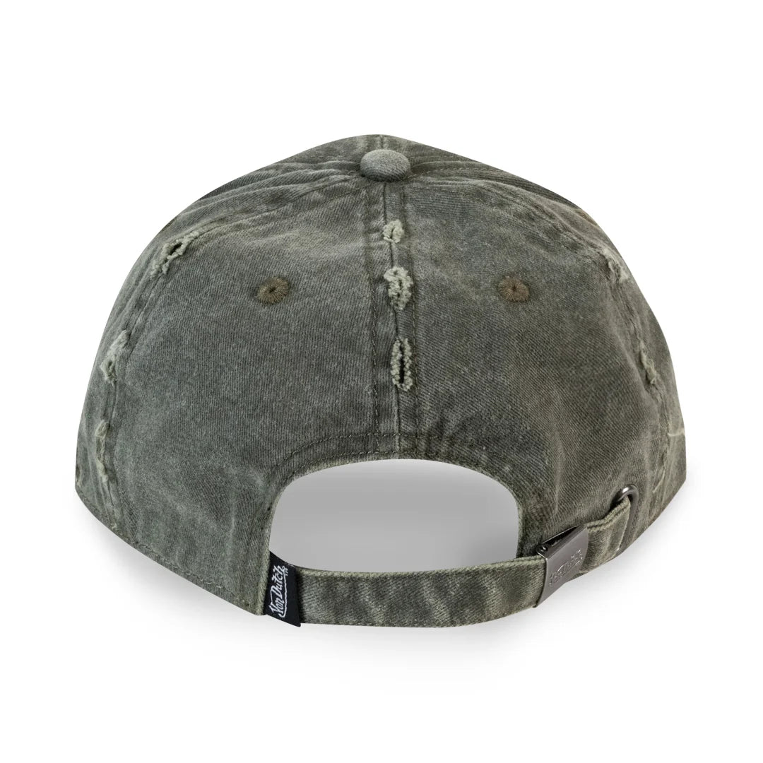 VON DUTCH Distressed Patch Logo Worn Out Strapback Dad Cap - Moss