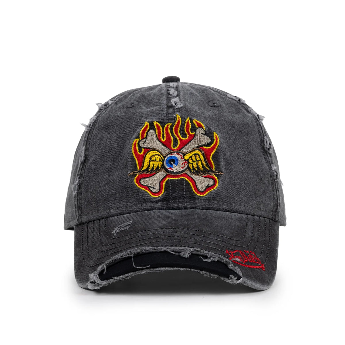 VON DUTCH Flying Eyeball Crossed Bones Strapback Dad Cap - Black